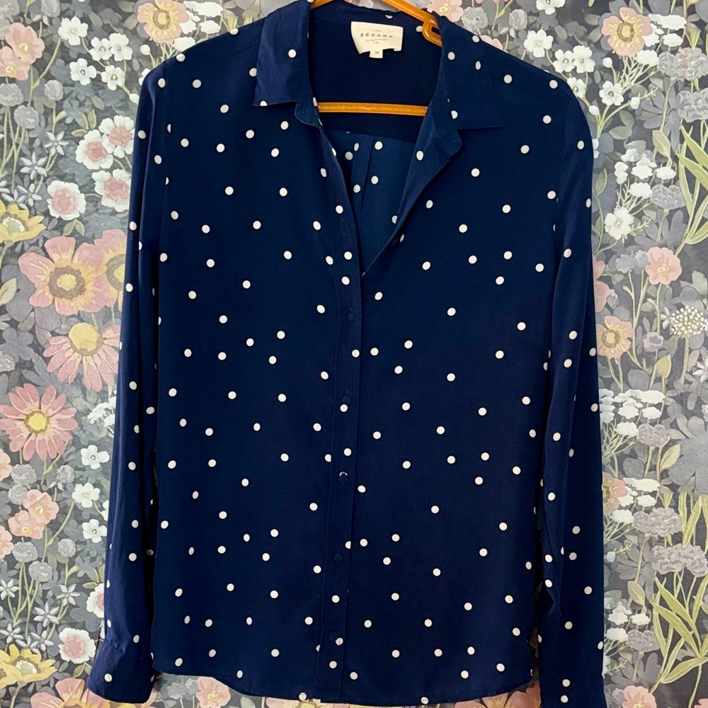 Sezane 100% Silk Navy Button Down Shirt with White Polka Dots